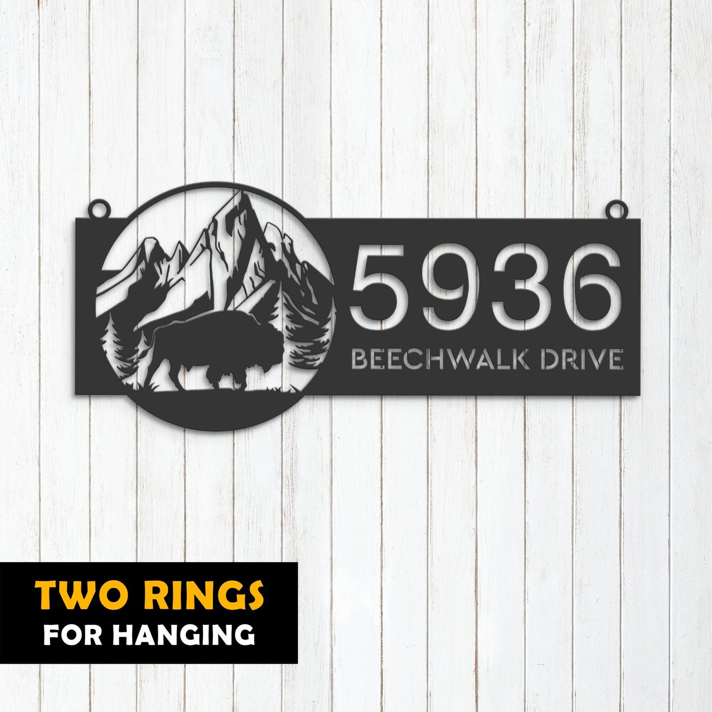 Personalized Bison buffalo on mountain Metal Address Sign | Hanging Address Plaque | Yard Sign, Outdoor Sign | Garden Stake