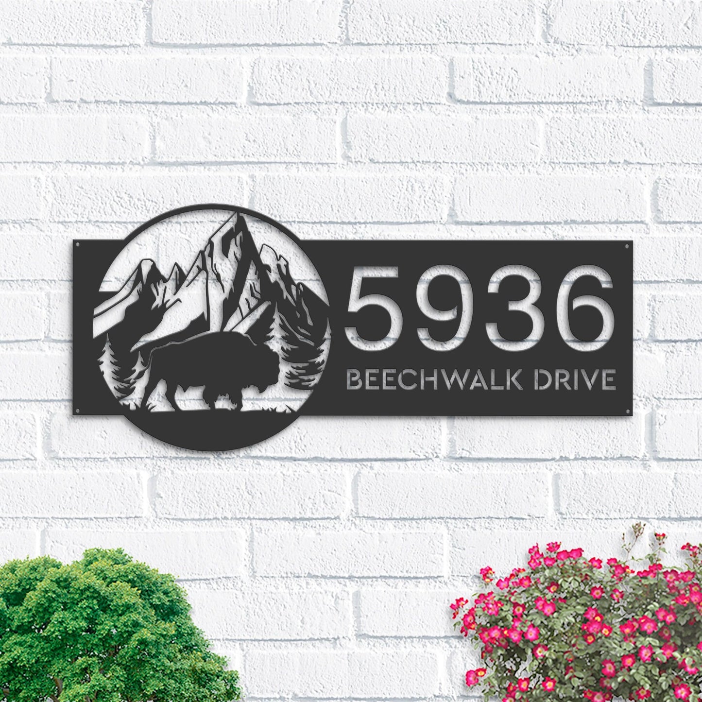 Personalized Bison buffalo on mountain Metal Address Sign | Hanging Address Plaque | Yard Sign, Outdoor Sign | Garden Stake