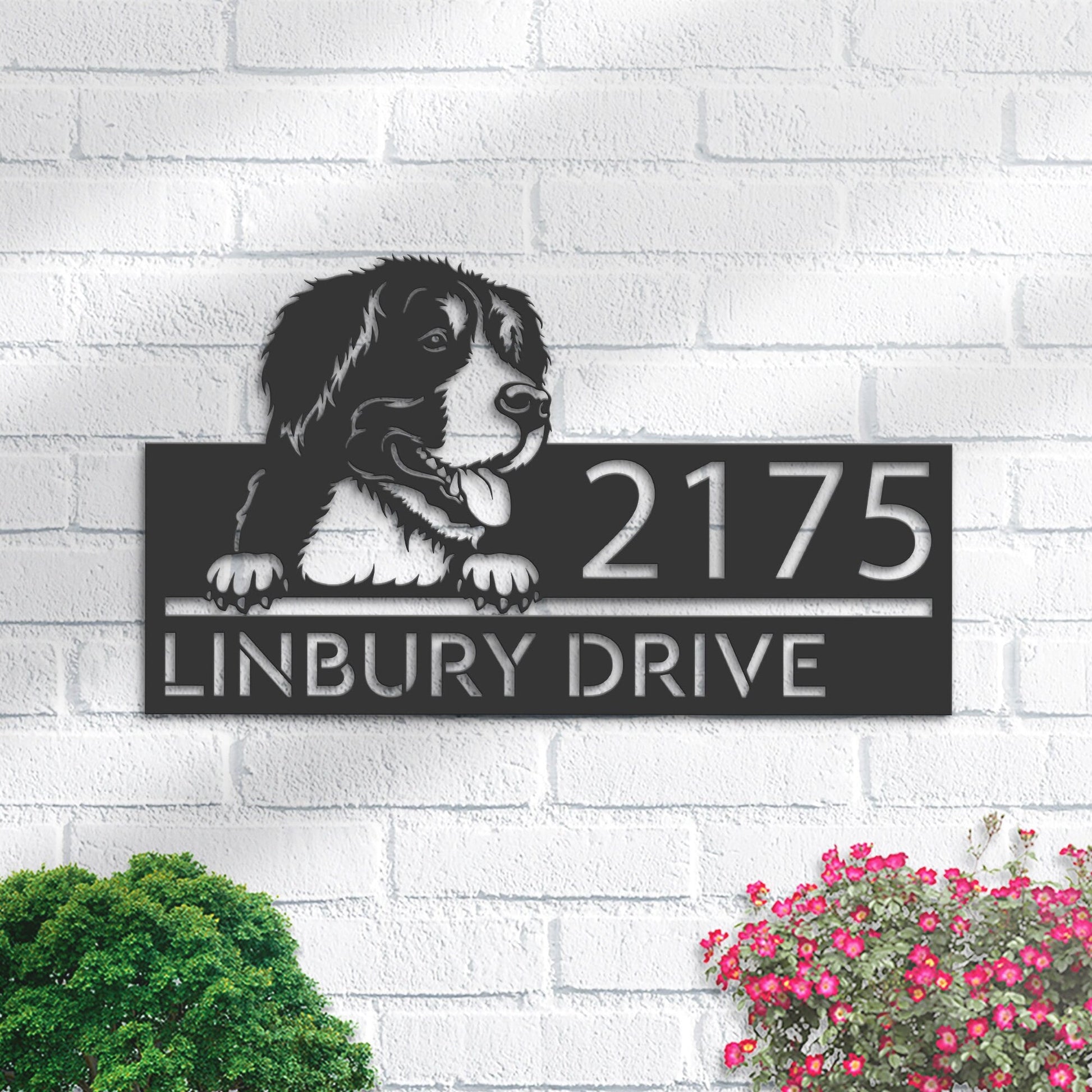 Personalized Big mountain dog, Puppy Metal Address Sign House number Hanging Address Plaque Yard Sign Outdoor decor Garden Stake