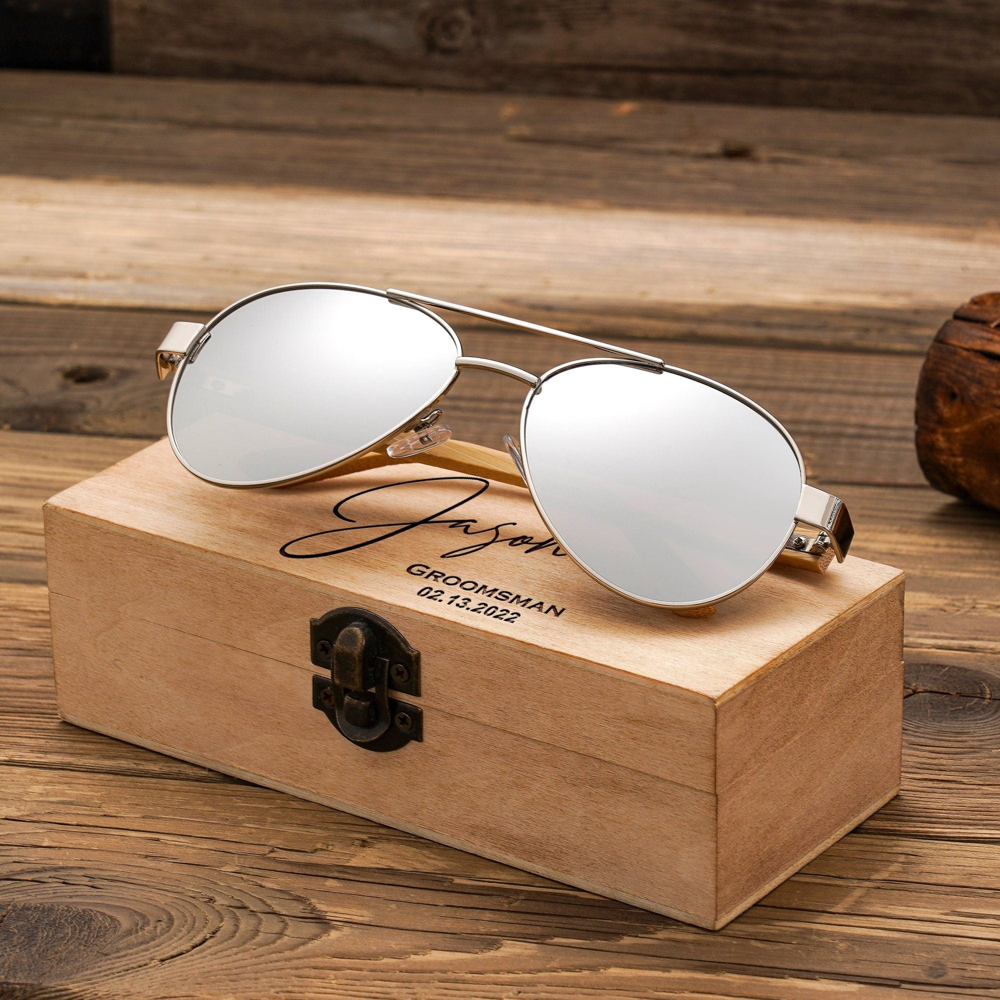 Personalized Bamboo Wood Wooden Sunglasses, Custom Engraved Unisex Sunglasses, Wooden Box, Mens Gift, Groomsmen Gifts, Groomsmen Sunglasses