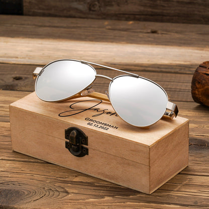 Personalized Bamboo Wood Wooden Sunglasses, Custom Engraved Unisex Sunglasses, Wooden Box, Mens Gift, Groomsmen Gifts, Groomsmen Sunglasses