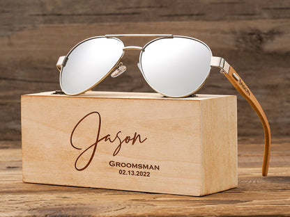Personalized Bamboo Wood Wooden Sunglasses, Custom Engraved Unisex Sunglasses, Wooden Box, Mens Gift, Groomsmen Gifts, Groomsmen Sunglasses