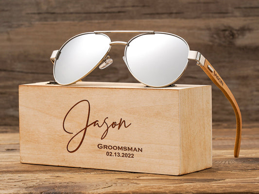 Personalized Bamboo Wood Wooden Sunglasses, Custom Engraved Unisex Sunglasses, Wooden Box, Mens Gift, Groomsmen Gifts, Groomsmen Sunglasses