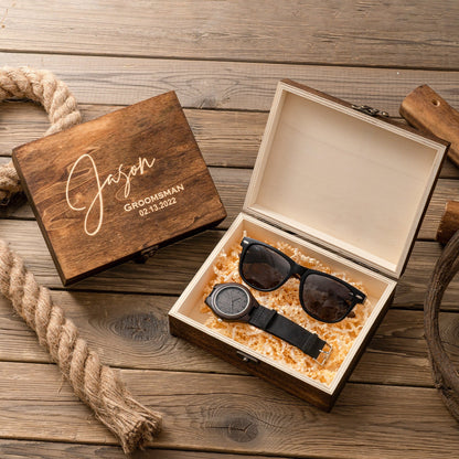 Groomsmen Gifts Set, Personalized Watch & Sunglasses in Custom Wooden Gift Box, Groomsmen Proposal Gift, Groomsmen Flask, Best Man Gifts