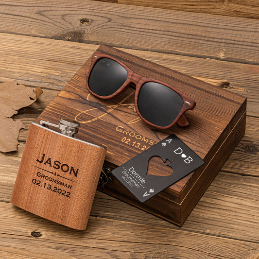Personalized Wood Sunglasses, Groomsmen Proposal Gifts Set, Engraved Bottle Opener & Flask in Groomsman Gift Box, Best Man Gift, Groom Gift