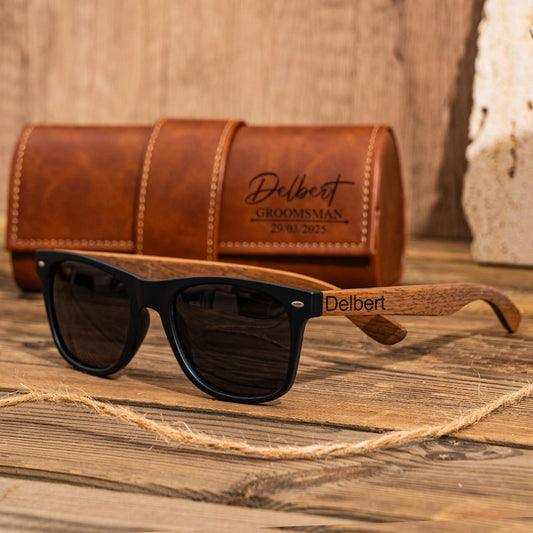 Personalized Wood Sunglasses with Leather Box, Groomsmen Sunglasses, Groomsmen Gifts, Gift For Groomsman, Groom Gift, Wedding Party Gifts