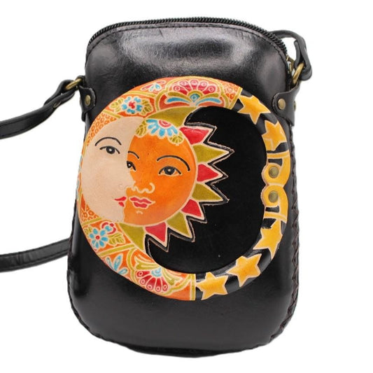 Handmade Leather Sun & Moon Crossbody Bag: Themed Mini Purse
