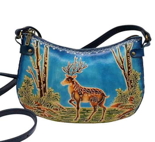 Handmade Leather Deer Crossbody Purse: Blue Animal-Themed Mini Bag
