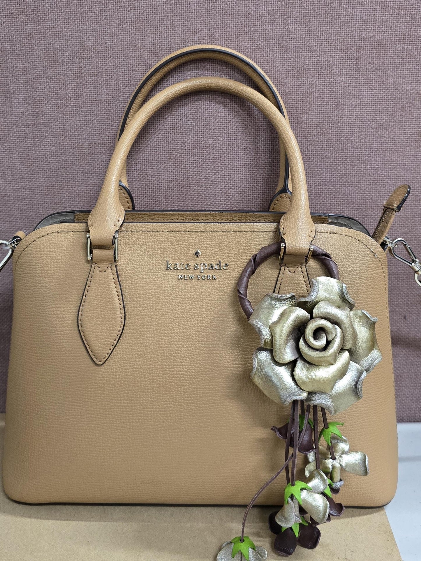 Handmade Leather Rose Keychain: Gold Purse Charm