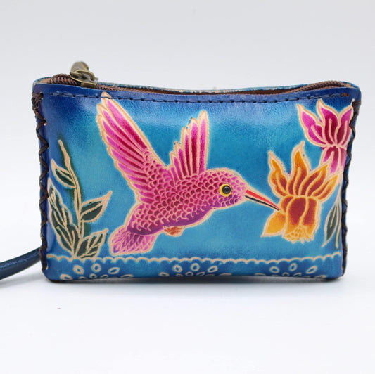 Handmade Leather Hummingbird Coin Purse: Mini Wallet Card Holder