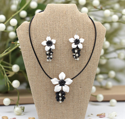 Genuine Handmade Leather Flower Necklace with Leather Flower Earrings Set black white