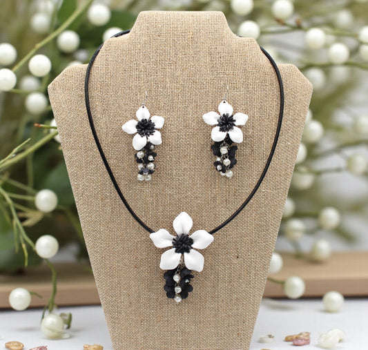 Genuine Handmade Leather Flower Necklace with Leather Flower Earrings Set black white