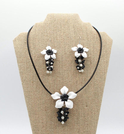 Genuine Handmade Leather Flower Necklace with Leather Flower Earrings Set black white