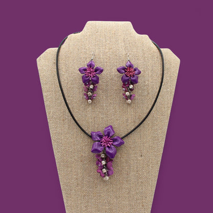 Genuine Handmade Leather Flower Necklace with  Earrings Set Jewelry Set Necklace  Earrings purple