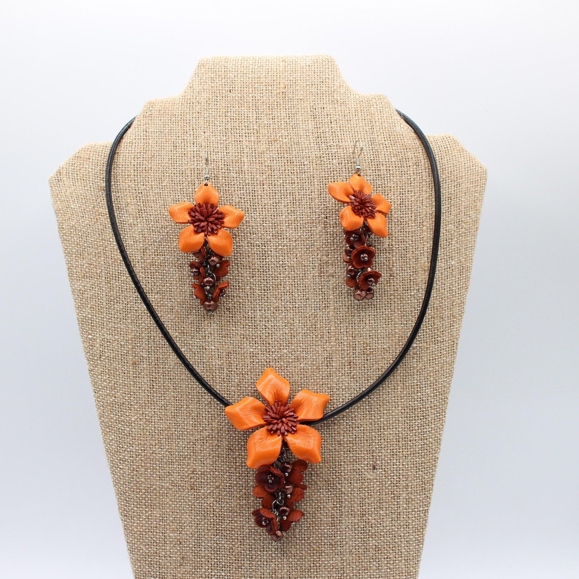 Genuine Handmade Leather Flower Necklace with  Earrings Set Jewelry Set Necklace  Earrings orange harvest Halloween jewelry