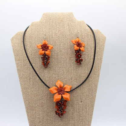 Genuine Handmade Leather Flower Necklace with  Earrings Set Jewelry Set Necklace  Earrings orange harvest Halloween jewelry