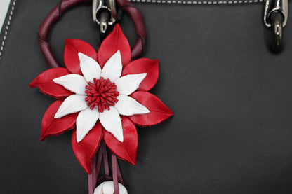 Genuine Handmade Leather Flower Keychain daisy purse charm bag charm (red and White)
