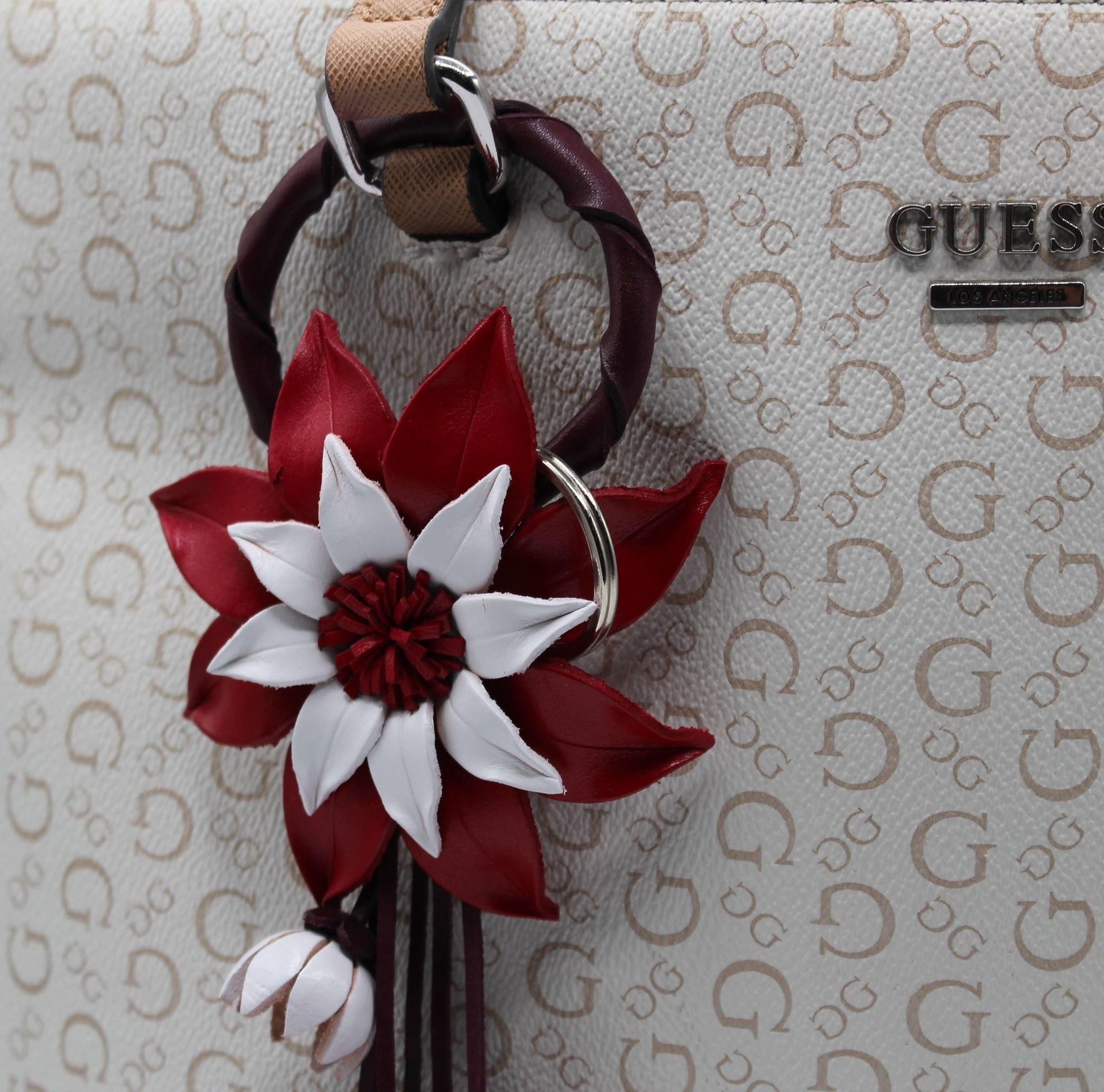 Genuine Handmade Leather Flower Keychain daisy purse charm bag charm (red and White)