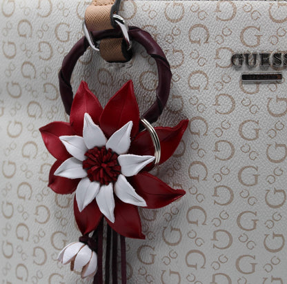 Genuine Handmade Leather Flower Keychain daisy purse charm bag charm (red and White)