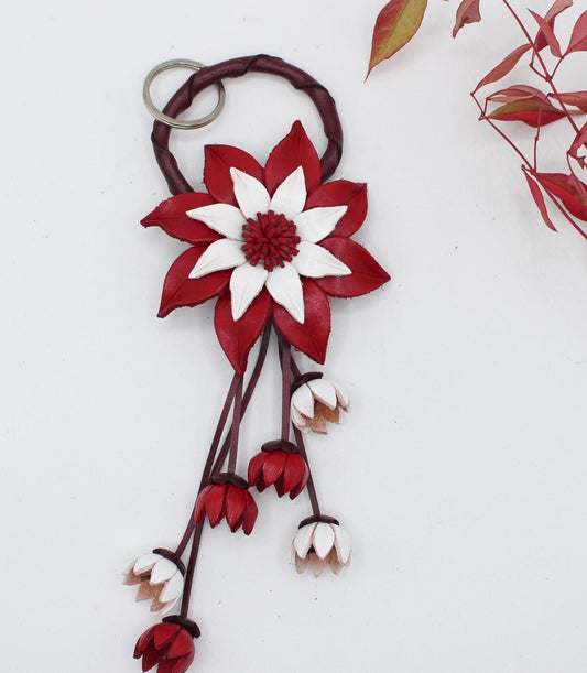 Genuine Handmade Leather Flower Keychain daisy purse charm bag charm (red and White)