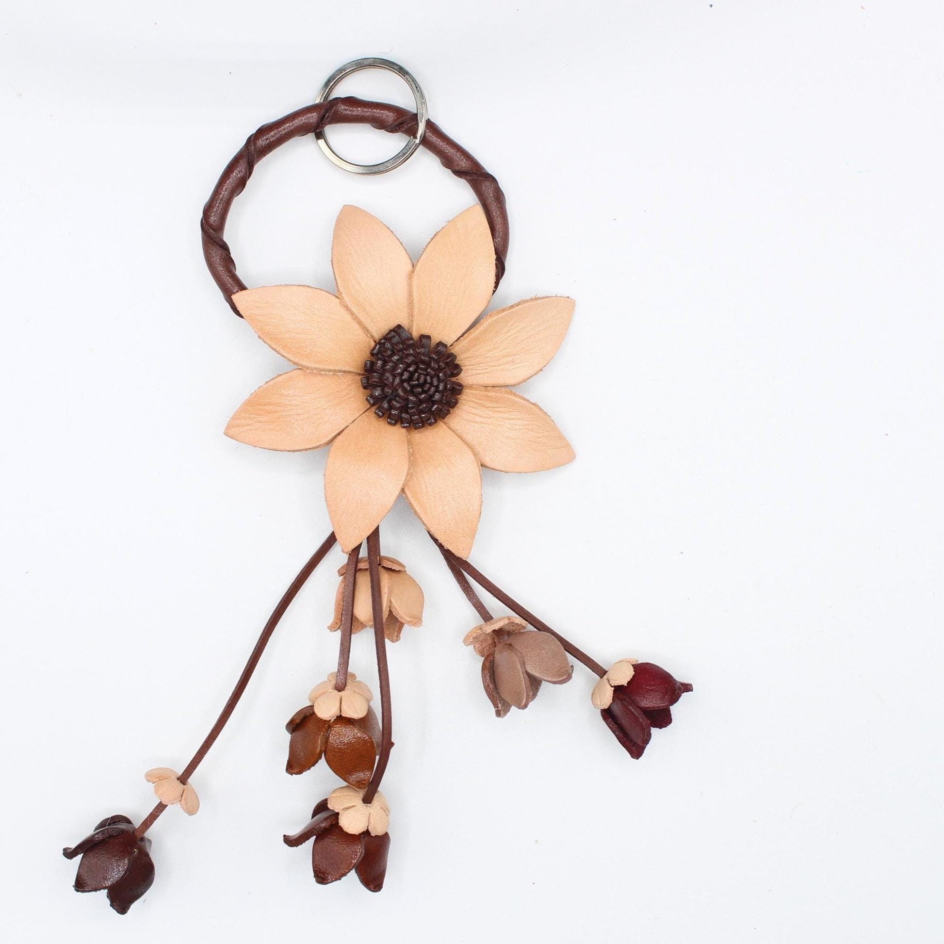 Genuine Handmade Leather Flower Keychain daisy white purse charm bag charm natural