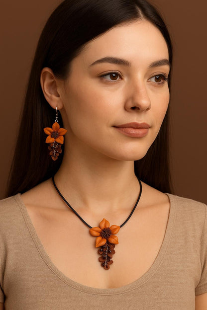 Genuine Handmade Leather Flower Necklace with  Earrings Set Jewelry Set Necklace  Earrings orange harvest Halloween jewelry