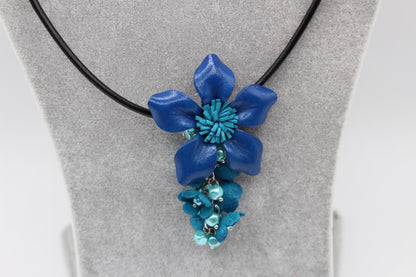 Genuine Handmade Leather Flower Necklace with  Earrings Set Cobalt & Turquoise Floral Jewelry Set Necklace  Earrings