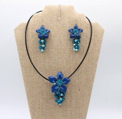 Genuine Handmade Leather Flower Necklace with  Earrings Set Cobalt & Turquoise Floral Jewelry Set Necklace  Earrings