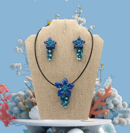Genuine Handmade Leather Flower Necklace with  Earrings Set Cobalt & Turquoise Floral Jewelry Set Necklace  Earrings