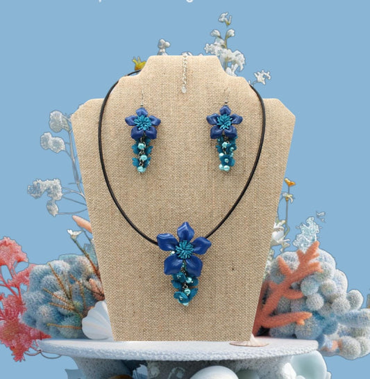 Genuine Handmade Leather Flower Necklace with  Earrings Set Cobalt & Turquoise Floral Jewelry Set Necklace  Earrings