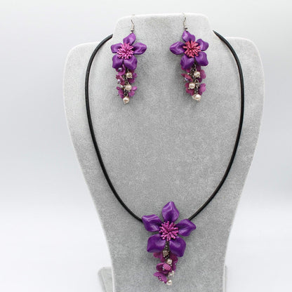 Genuine Handmade Leather Flower Necklace with  Earrings Set Jewelry Set Necklace  Earrings purple