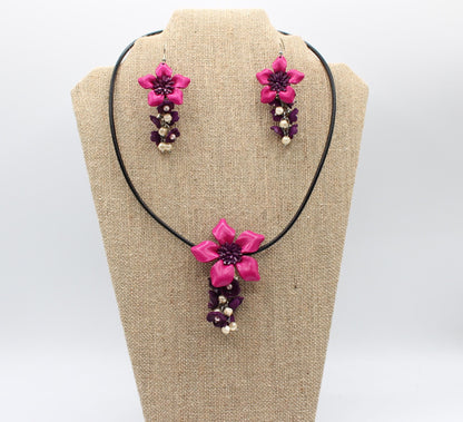 Genuine Handmade Leather Flower Necklace with  Earrings Set Jewelry Set Necklace  Earrings pink