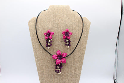 Genuine Handmade Leather Flower Necklace with  Earrings Set Jewelry Set Necklace  Earrings pink