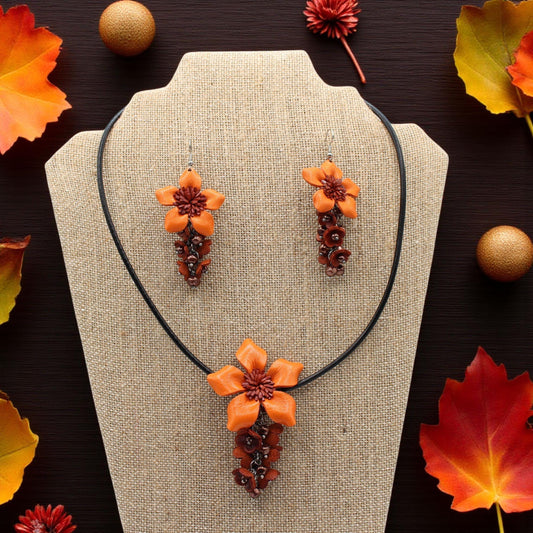 Genuine Handmade Leather Flower Necklace with  Earrings Set Jewelry Set Necklace  Earrings orange harvest Halloween jewelry