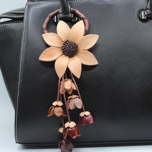 Genuine Handmade Leather Flower Keychain daisy white purse charm bag charm natural