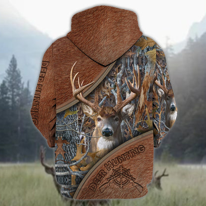 Custom Name Hunting Deer Leather Zip Pattern Shirt 3D All Over Printed Clothes