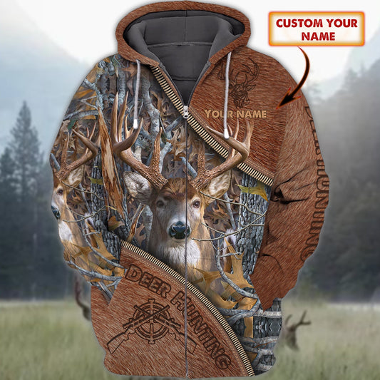 Custom Name Hunting Deer Leather Zip Pattern Shirt 3D All Over Printed Clothes