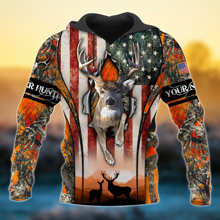 Custom Name US Flag Premium Deer Hunting 3D All Over Printed Clothes