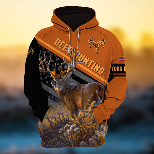 Max Corner Orange Deer Hunting US Flag Pattern Personalized 3D Hoodie For Hunting Lover