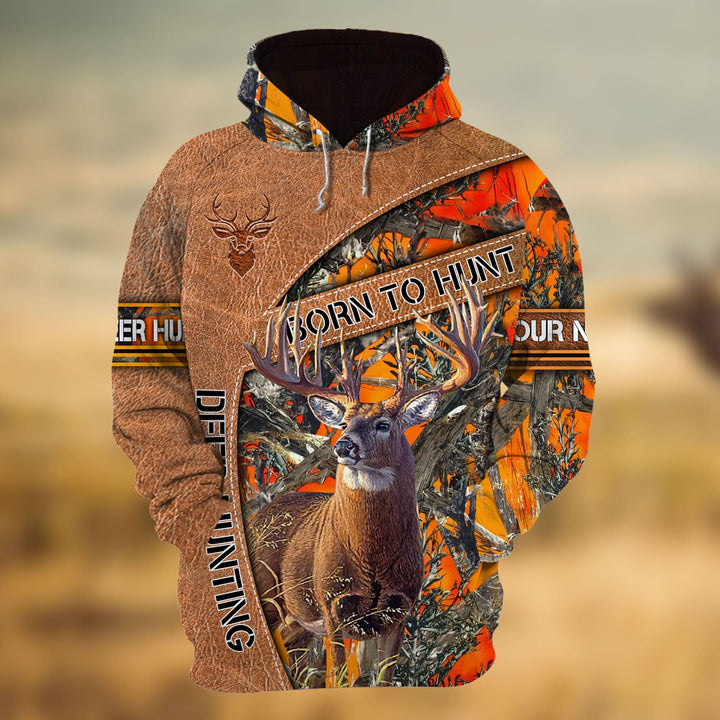 Max Corner Born To Hunt Deer Hunting Leather Pattern Personalized 3D Hoodie For Hunting Lover