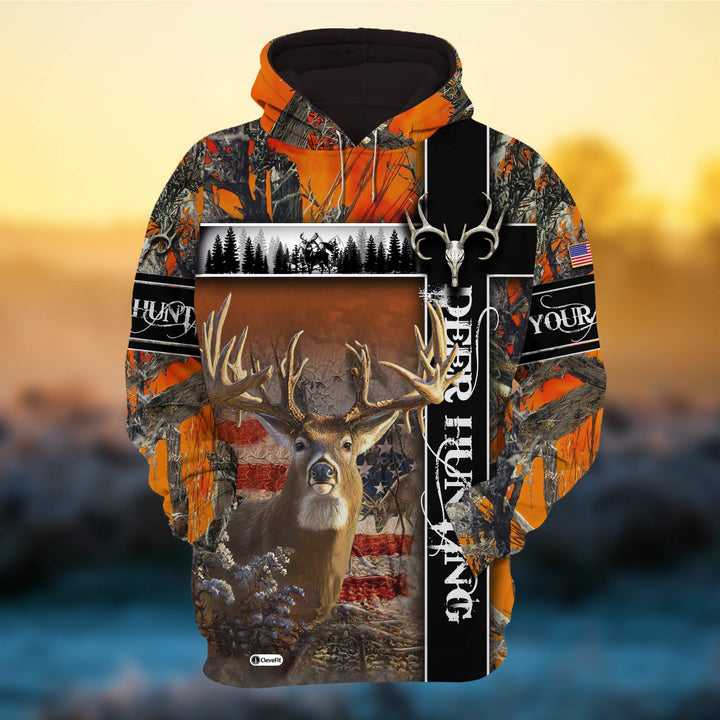 Custom Name US Flag Deer Hunting 3D All Over Printed Clothes