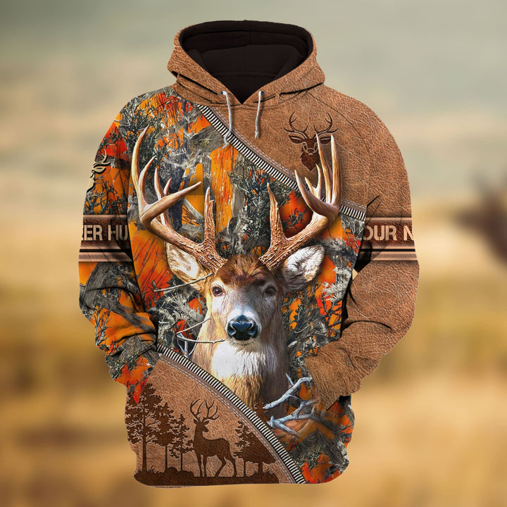 Deer hunting Zipper Leather Pattern Personalized 3D Hoodie For Hunting Lover