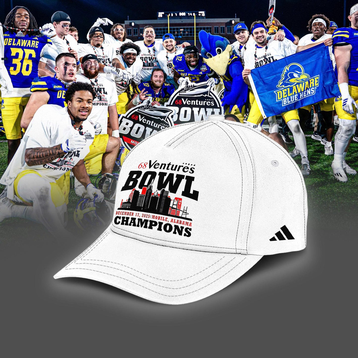 2025 "Delaware Football" Uniform T Shirt - 68 Ventures Bowl Champions | TI46